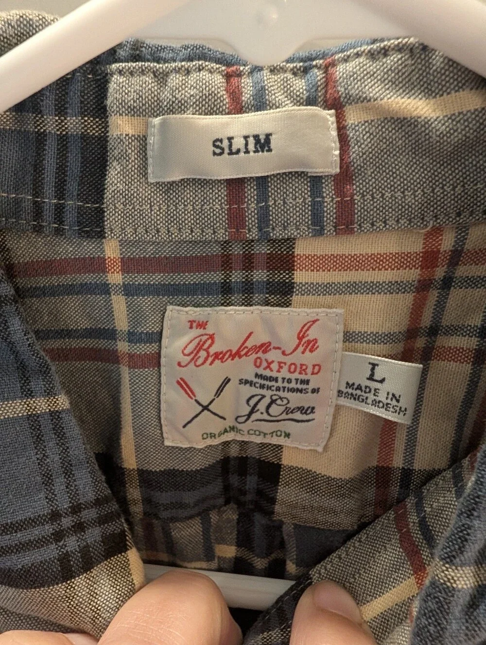 J Crew Men's Plaid Button-Down Slim Broken-In Oxford Shirt in Blue and Cream